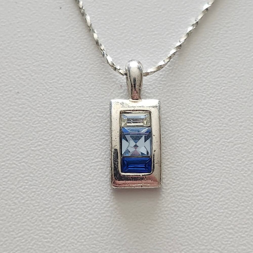 Blue Rhinestone Rectangle Pendant Necklace Silver Tone 18in Crystal Chain Modern